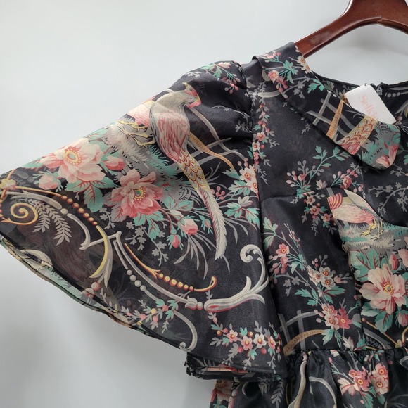 Selkie Lala Land Night in Paris Puff Dress 1X Black Floral Layered Mini Pheasant - Picture 12 of 16